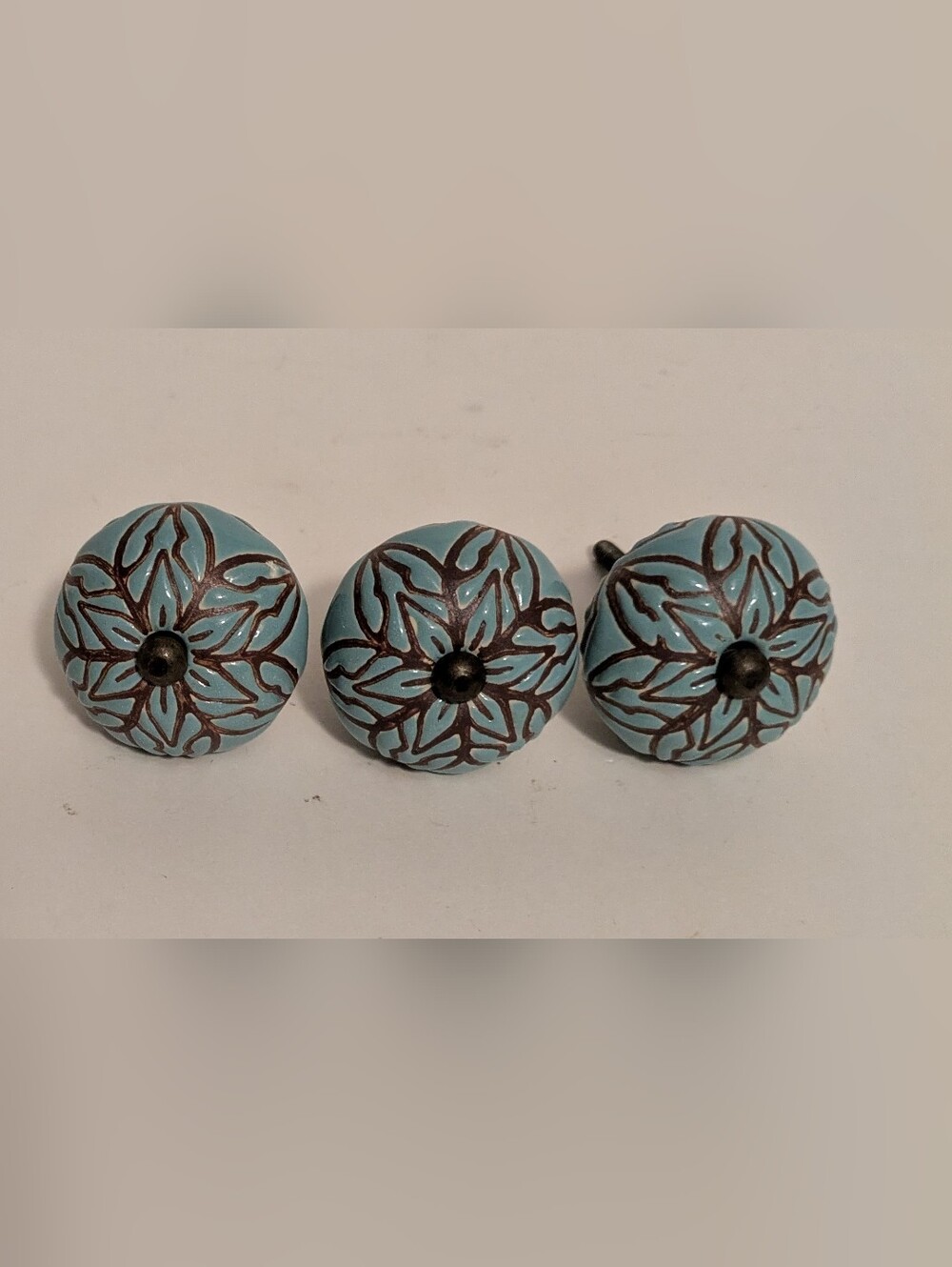 Knobs Ceramic Floral Drawer Knobs Light Blue Teal and Brown (Set of 3) 2.5 inch